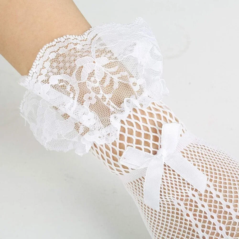 Women's B-White Bow Lace Elegant Wrist Gloves Ruffle Bridal Wedding Party Prom